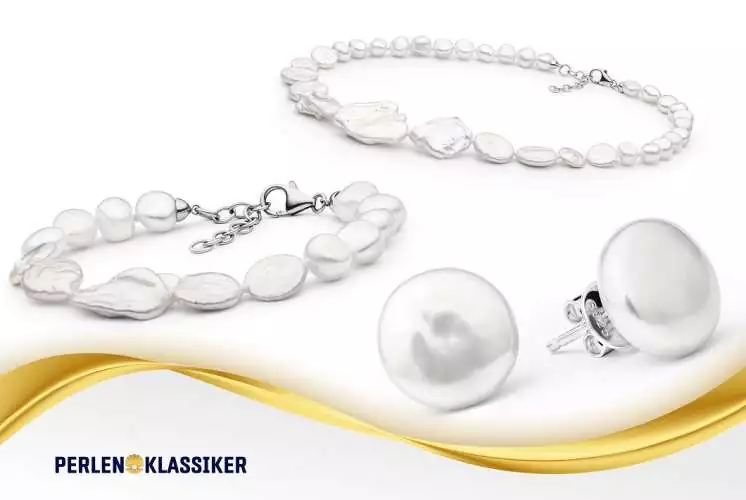 Perlenschmuck Set - Trend Barock - Perlenkette, Perlenarmband, Ohrstecker weiß barock